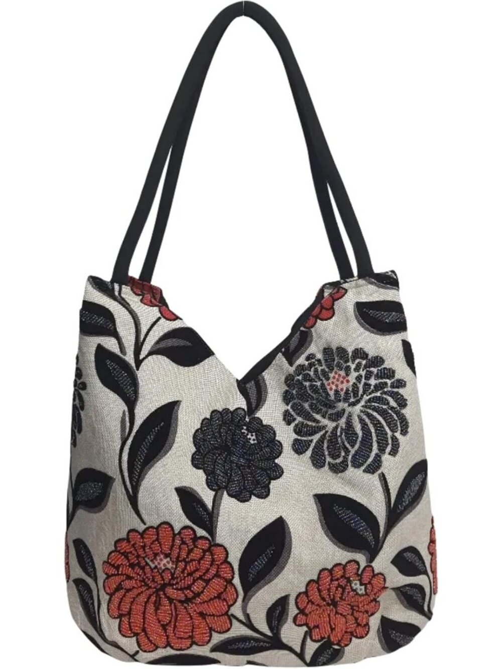 Embroidered Flower Tote Bag for Women - Large Shoulder Handbag with Zipper